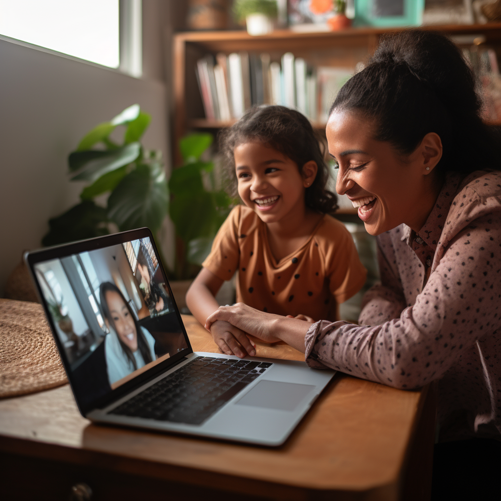 A mother and daughter are smiling while video chatting with another woman. A mother and daughter are smiling while video chatting with another woman.