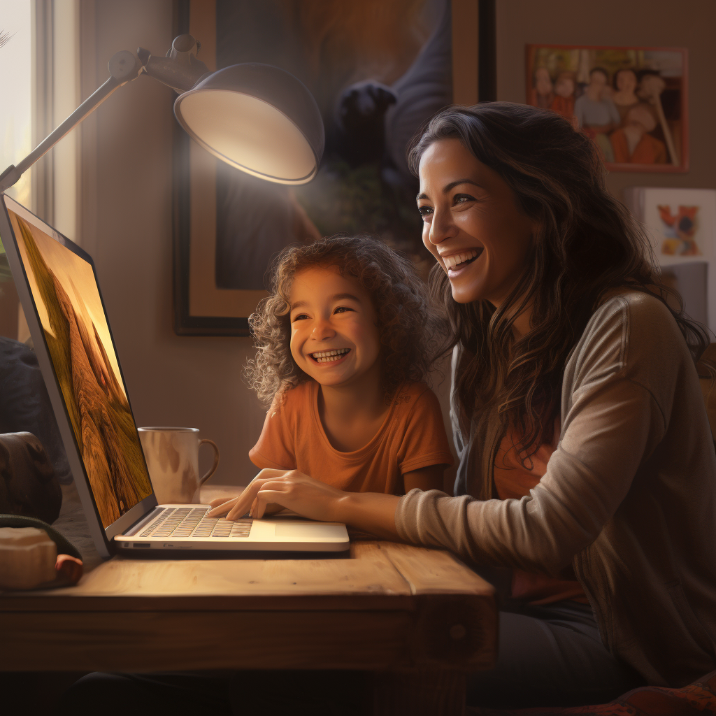 A mother and child are smiling and focused on the computer. A mother and child are smiling and focused on the computer.