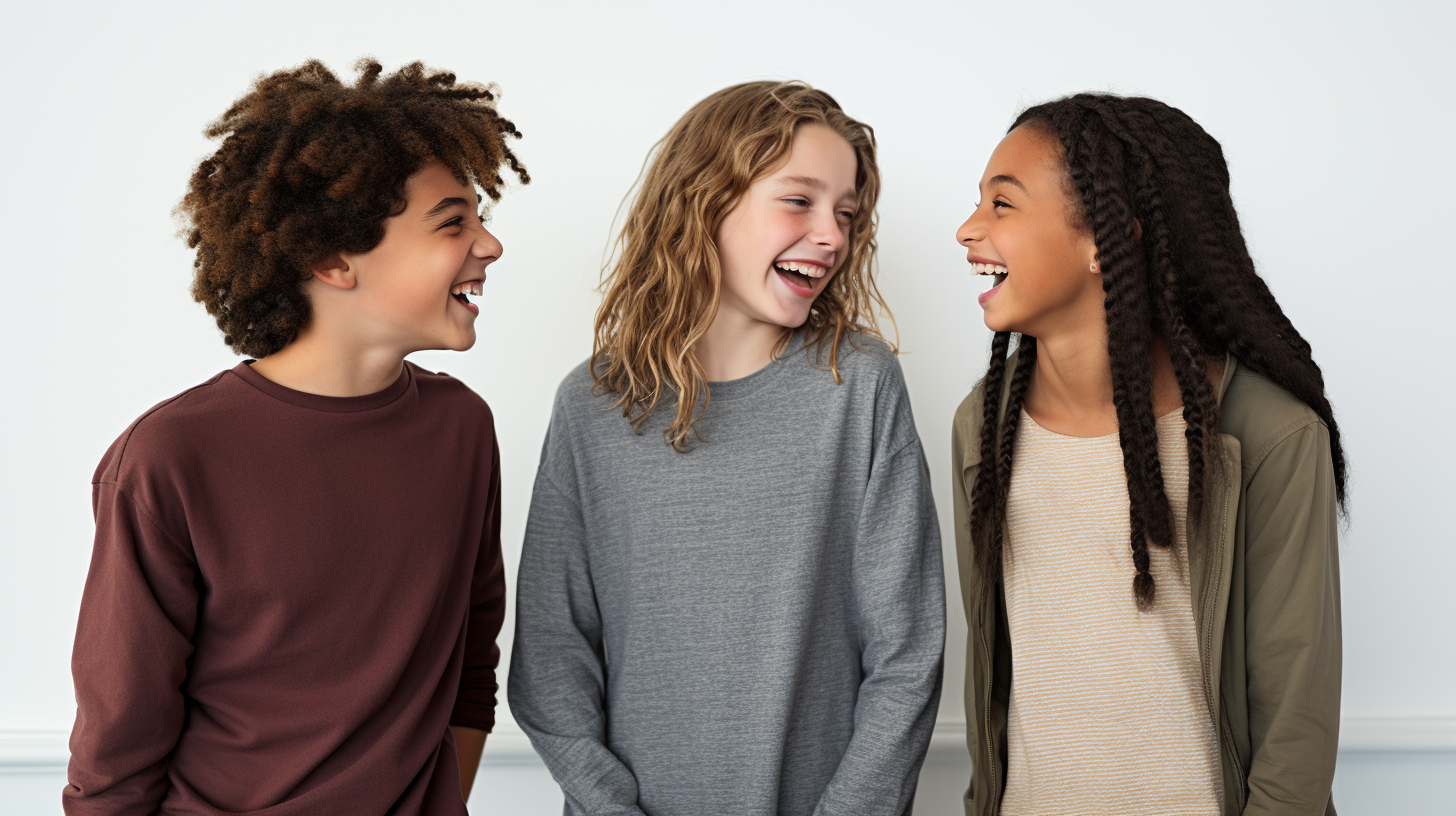 A group of preteens laughing.