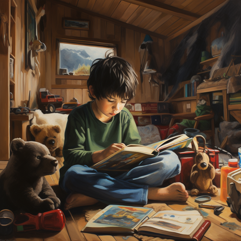 A young Alaskan boy sits in his bedroom, surrounded by his toys, reading a book. A young Alaskan boy sits in his bedroom, surrounded by his toys, reading a book.